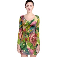 Monstera Colorful Leaves Foliage Long Sleeve Velvet Bodycon Dress