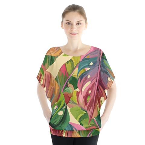 Monstera Colorful Leaves Foliage Batwing Chiffon Blouse by Maspions