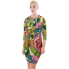 Monstera Colorful Leaves Foliage Quarter Sleeve Hood Bodycon Dress