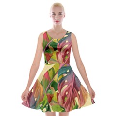 Monstera Colorful Leaves Foliage Velvet Skater Dress