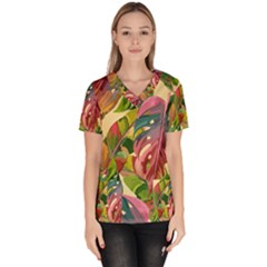 Monstera Colorful Leaves Foliage Women s V-neck Scrub Top by Maspions