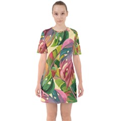 Monstera Colorful Leaves Foliage Sixties Short Sleeve Mini Dress