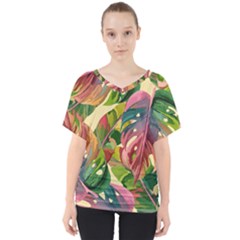 Monstera Colorful Leaves Foliage V-neck Dolman Drape Top