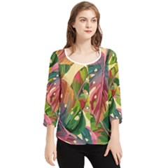 Monstera Colorful Leaves Foliage Chiffon Quarter Sleeve Blouse