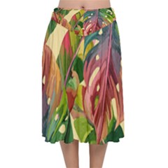 Monstera Colorful Leaves Foliage Velvet Flared Midi Skirt