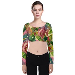 Monstera Colorful Leaves Foliage Velvet Long Sleeve Crop Top