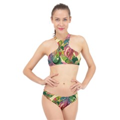 Monstera Colorful Leaves Foliage High Neck Bikini Set