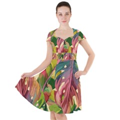 Monstera Colorful Leaves Foliage Cap Sleeve Midi Dress