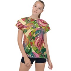 Monstera Colorful Leaves Foliage Ruffle Collar Chiffon Blouse