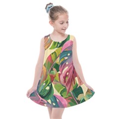 Monstera Colorful Leaves Foliage Kids  Summer Dress by Maspions