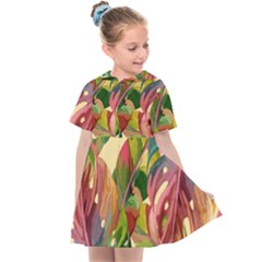 Monstera Colorful Leaves Foliage Kids  Sailor Dress by Maspions