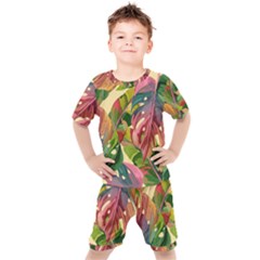 Monstera Colorful Leaves Foliage Kids  T-shirt And Shorts Set