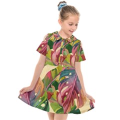 Monstera Colorful Leaves Foliage Kids  Short Sleeve Shirt Dress