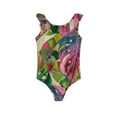 Monstera Colorful Leaves Foliage Kids  Frill Swimsuit by Maspions