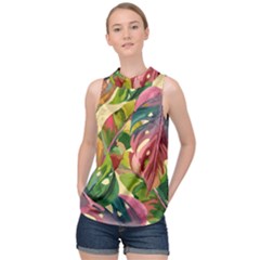 Monstera Colorful Leaves Foliage High Neck Satin Top