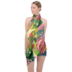 Monstera Colorful Leaves Foliage Halter Asymmetric Satin Top