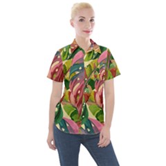 Monstera Colorful Leaves Foliage Women s Short Sleeve Pocket Shirt