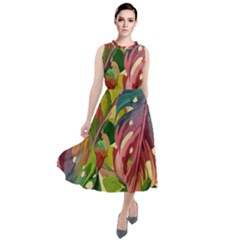 Monstera Colorful Leaves Foliage Round Neck Boho Dress