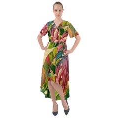 Monstera Colorful Leaves Foliage Front Wrap High Low Dress