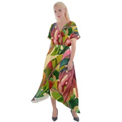 Monstera Colorful Leaves Foliage Cross Front Sharkbite Hem Maxi Dress