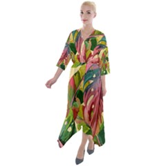 Monstera Colorful Leaves Foliage Quarter Sleeve Wrap Front Maxi Dress by Maspions