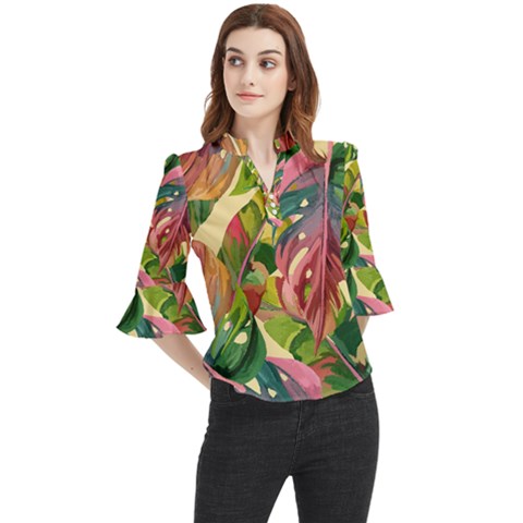 Monstera Colorful Leaves Foliage Loose Horn Sleeve Chiffon Blouse by Maspions