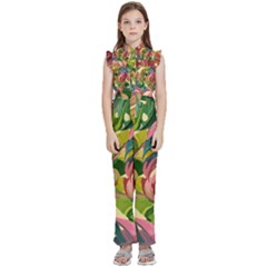 Monstera Colorful Leaves Foliage Kids  Sleeveless Ruffle Edge Band Collar Chiffon One Piece