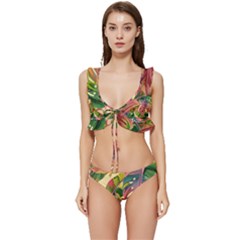 Monstera Colorful Leaves Foliage Low Cut Ruffle Edge Bikini Set