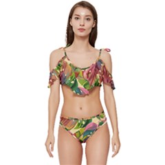 Monstera Colorful Leaves Foliage Ruffle Edge Tie Up Bikini Set	