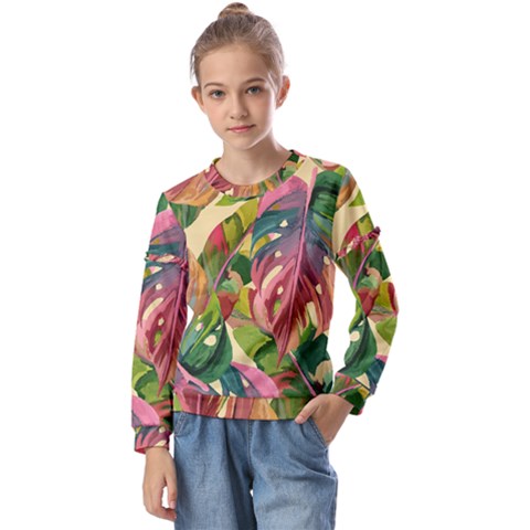 Monstera Colorful Leaves Foliage Kids  Long Sleeve T-shirt With Frill  by Maspions