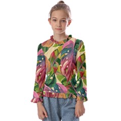 Monstera Colorful Leaves Foliage Kids  Frill Detail T-shirt