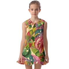 Monstera Colorful Leaves Foliage Kids  Pilgrim Collar Ruffle Hem Dress