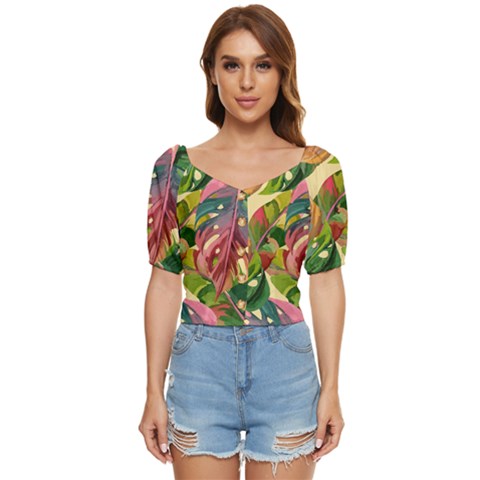 Monstera Colorful Leaves Foliage Button Up Blouse by Maspions