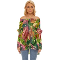 Monstera Colorful Leaves Foliage Off Shoulder Chiffon Pocket Shirt