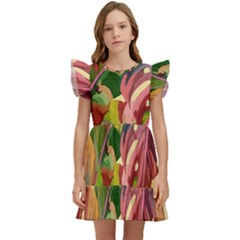 Monstera Colorful Leaves Foliage Kids  Winged Sleeve Dress by Maspions