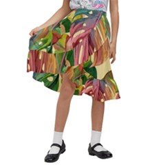 Monstera Colorful Leaves Foliage Kids  Ruffle Flared Wrap Midi Skirt