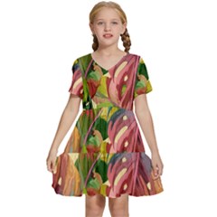 Monstera Colorful Leaves Foliage Kids  Short Sleeve Tiered Mini Dress