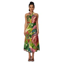 Monstera Colorful Leaves Foliage Sleeveless Cross Front Cocktail Midi Chiffon Dress