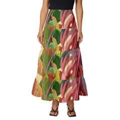 Monstera Colorful Leaves Foliage Tiered Ruffle Maxi Skirt by Maspions