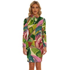 Monstera Colorful Leaves Foliage Long Sleeve Shirt Collar Bodycon Dress