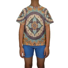 Mandala Floral Decorative Flower Kids  Short Sleeve Swimwear by Maspions