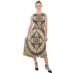 Mandala Floral Decorative Flower Midi Tie-back Chiffon Dress