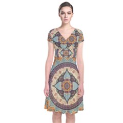 Mandala Floral Decorative Flower Short Sleeve Front Wrap Dress