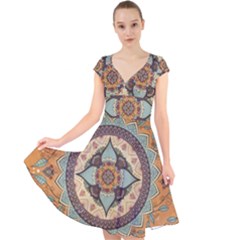 Mandala Floral Decorative Flower Cap Sleeve Front Wrap Midi Dress