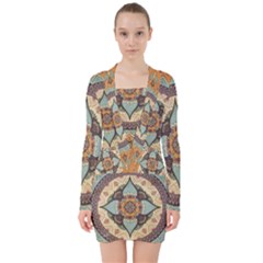 Mandala Floral Decorative Flower V-neck Bodycon Long Sleeve Dress