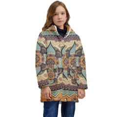 Mandala Floral Decorative Flower Kids  Hooded Longline Puffer Jacket by Maspions