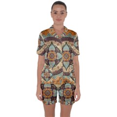 Mandala Floral Decorative Flower Satin Short Sleeve Pajamas Set by Maspions