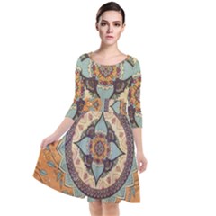 Mandala Floral Decorative Flower Quarter Sleeve Waist Band Dress