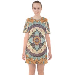 Mandala Floral Decorative Flower Sixties Short Sleeve Mini Dress