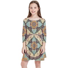 Mandala Floral Decorative Flower Kids  Quarter Sleeve Skater Dress by Maspions